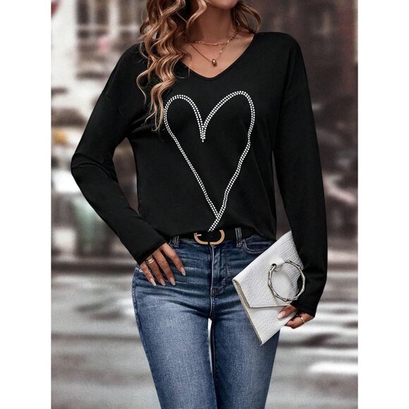 Women Rhinestone Heart V Neck Shirt Cotton Blend Casual Pullover - Picture 3 of 6